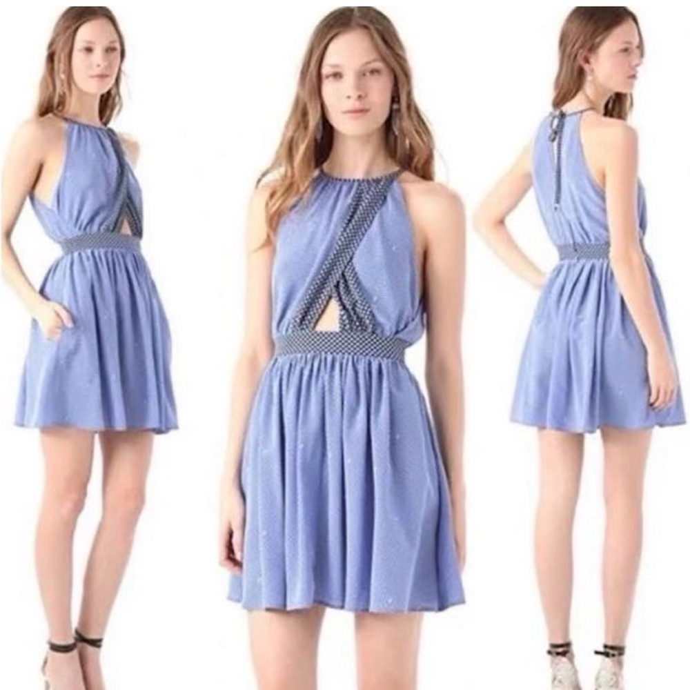 Juicy Couture Dress Womens Size 2 Blue Gem Geo Print Halter Cut Out 100% Silk